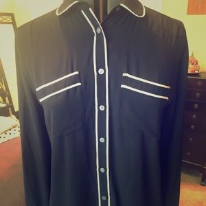 Black Sheer w/ White Details Button Down Blouse